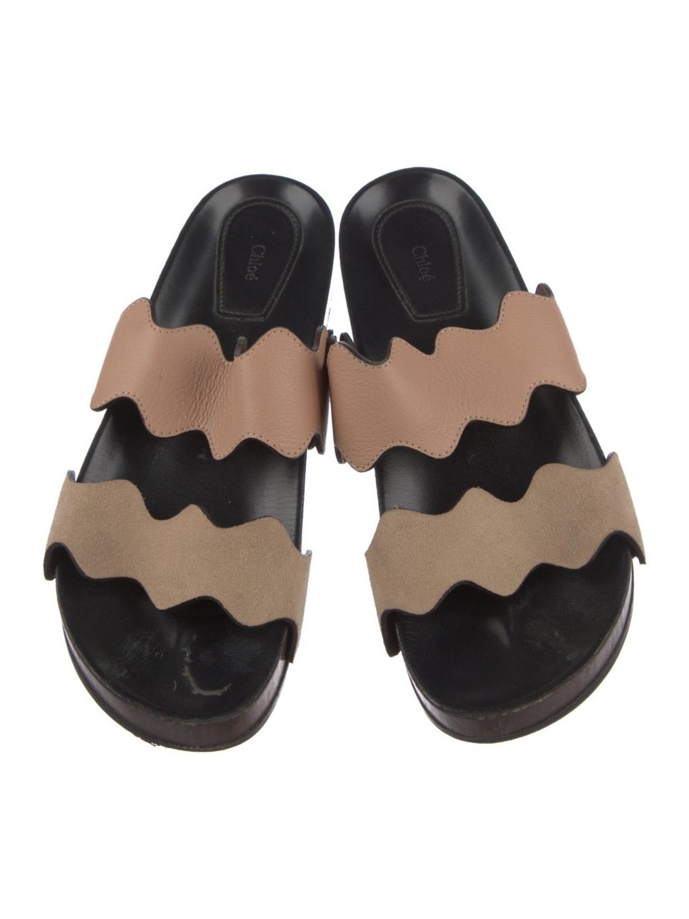 Chloé Scalloped Two-Tone Leather Slide Sandals in Taupe, Size 38